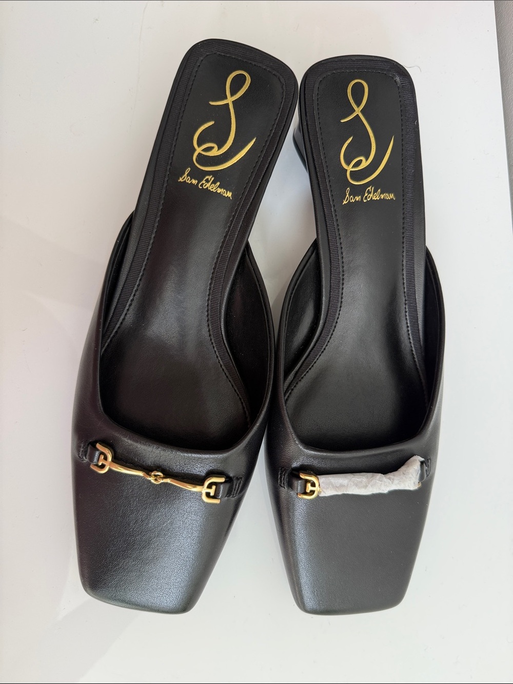 Sam Edelman Black Leather Square-Toe Mules with Gold Accents - Picture 3 of 7